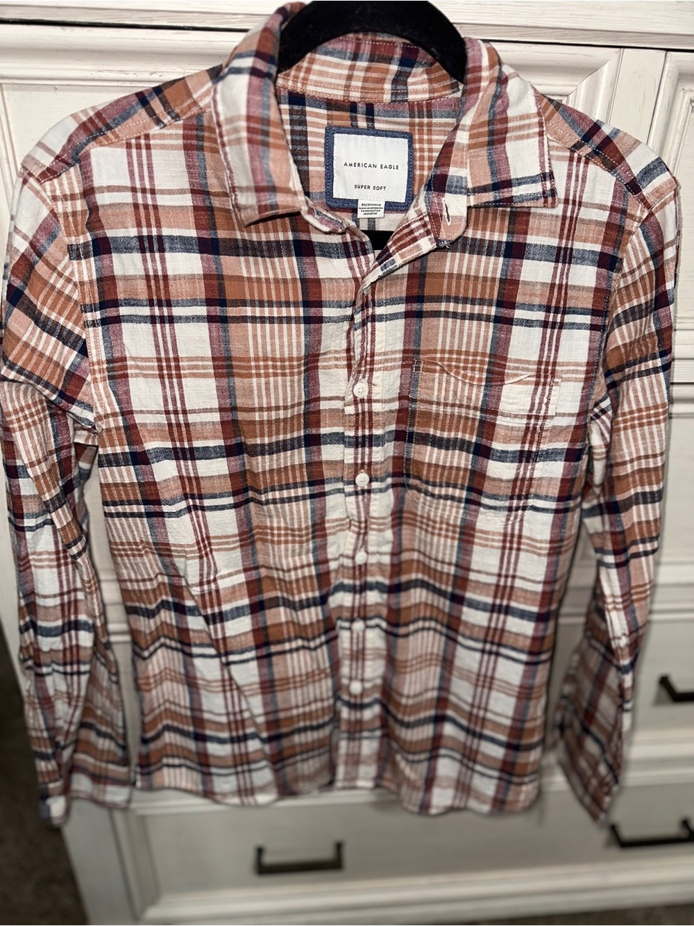 American Eagle Outfitters Plaid Button-Down Shirt in Brown, White & Navy